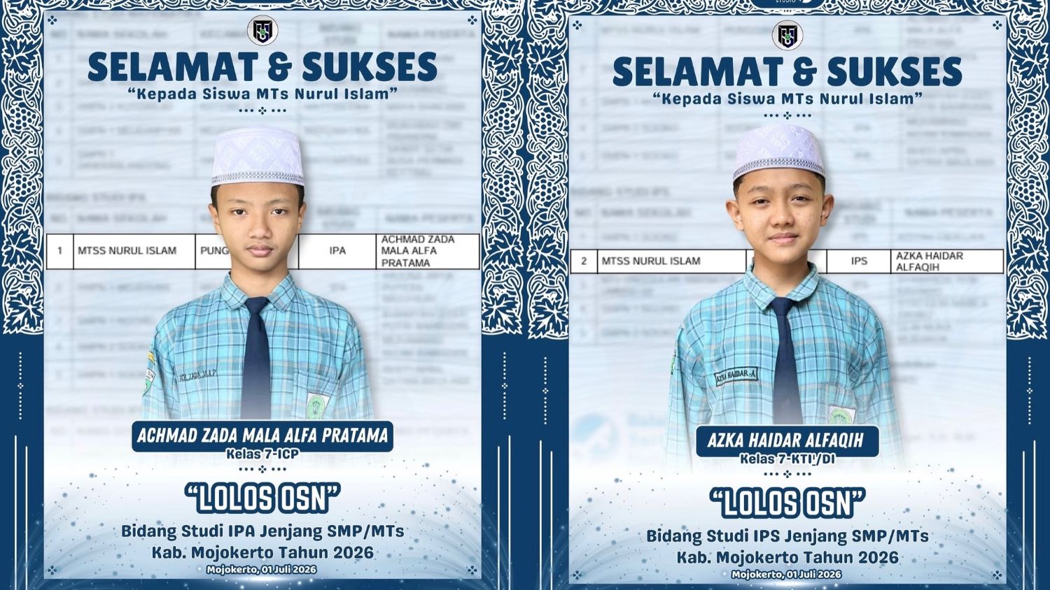 Dua Siswa MTs 1 Nurul Islam Lolos OSN Tingkat Kabupaten Mojokerto 2026, Siap Melaju ke Tahap Berikutnya